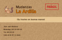 Tarjeta de visita de la empresa Mudanzas La Ardilla Mudanzas La Ardilla